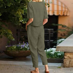 Damen-Anzug aus Baumwolle und Leinen, Sommer-passender Anzug, halbärmelige Rundhals-Krawatte, elastische Taille, Hose mit weitem Bein, Retro-Anzug 2024 - flohmarkt-deutschland.shop