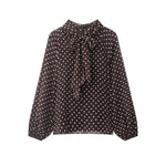 Damen Bluse mit Punktemuster Frühling Herbst Mode Langarm Schleife Schnürung Bluse Elegante High-Street-Bluse - flohmarkt-deutschland.shop