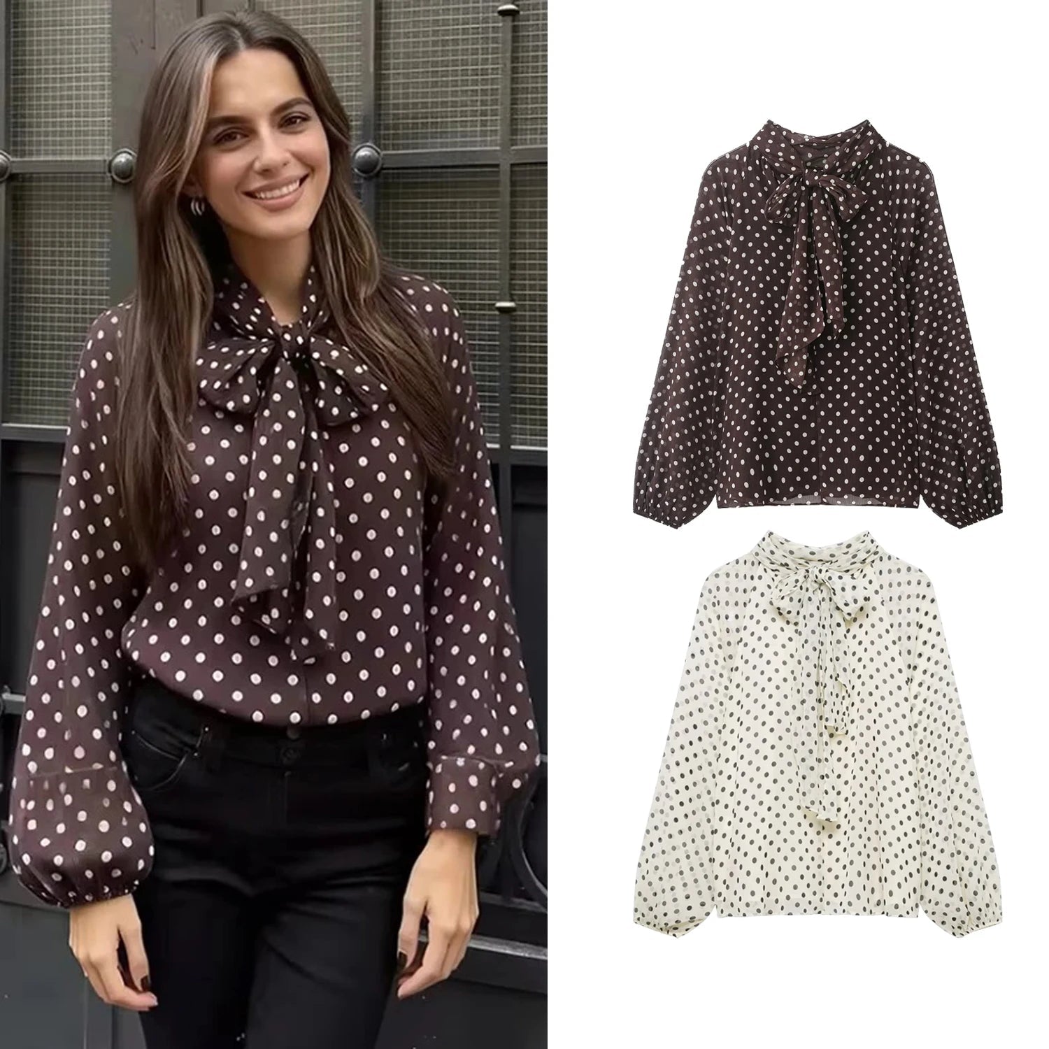 Damen Bluse mit Punktemuster Frühling Herbst Mode Langarm Schleife Schnürung Bluse Elegante High-Street-Bluse - flohmarkt-deutschland.shop