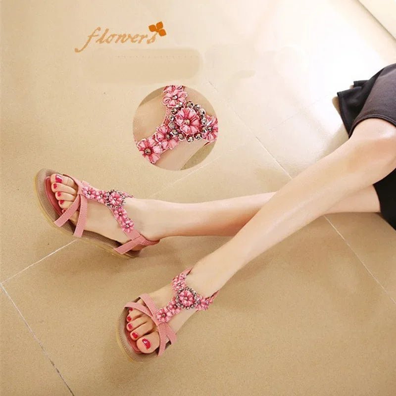 Damen Boho Sandalen – flache Ferse, Strass-Blumen, große Größen, Strand - flohmarkt-deutschland.shop