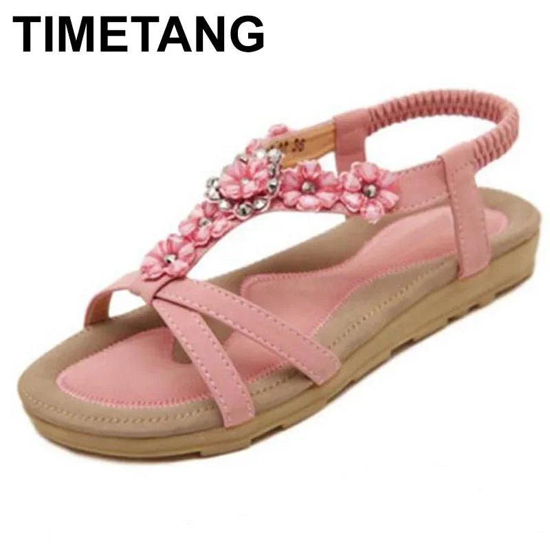 Damen Boho Sandalen – flache Ferse, Strass-Blumen, große Größen, Strand - flohmarkt-deutschland.shop