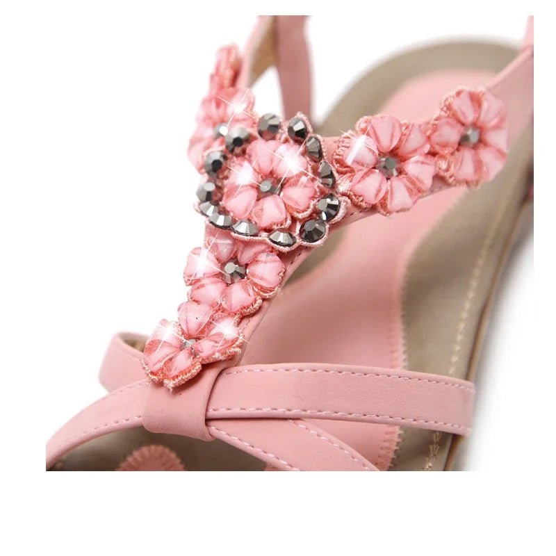 Damen Boho Sandalen – flache Ferse, Strass-Blumen, große Größen, Strand - flohmarkt-deutschland.shop