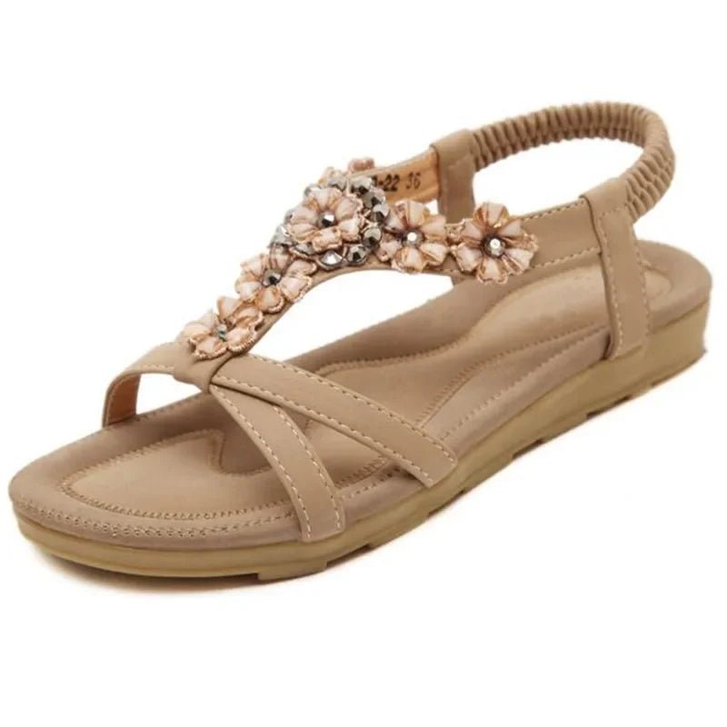 Damen Boho Sandalen – flache Ferse, Strass-Blumen, große Größen, Strand - flohmarkt-deutschland.shop