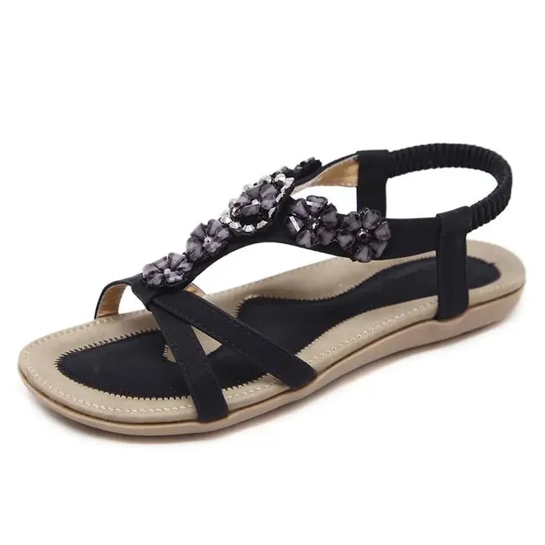 Damen Boho Sandalen – flache Ferse, Strass-Blumen, große Größen, Strand - flohmarkt-deutschland.shop