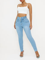 Damen-Jeans aus Stretch-Denim mit hoher Taille – schmale Passform mit Po-Lifting, lässiger Stil, Hellblau, Ganzjahres-Komfort, hohe W - flohmarkt-deutschland.shop