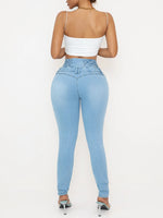Damen-Jeans aus Stretch-Denim mit hoher Taille – schmale Passform mit Po-Lifting, lässiger Stil, Hellblau, Ganzjahres-Komfort, hohe W - flohmarkt-deutschland.shop