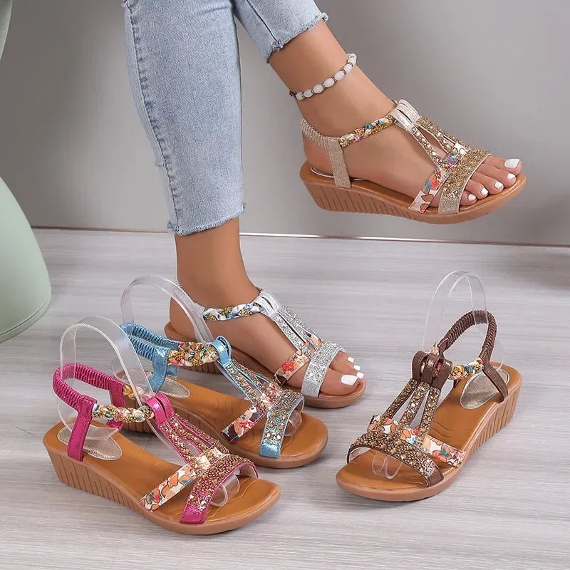 Damen Keil-Sandalen Plateau Strass Böhmen Strand Sommer - flohmarkt-deutschland.shop