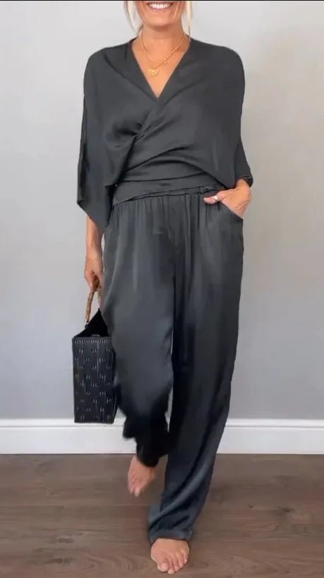 Damen Kleidung V-neck Belted Solid Color Loose Short-sleeved Top Wide-leg Trousers 2-piece Set Womens Elegant Evening Dress Suit - flohmarkt-deutschland.shop