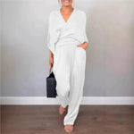 Damen Kleidung V-neck Belted Solid Color Loose Short-sleeved Top Wide-leg Trousers 2-piece Set Womens Elegant Evening Dress Suit - flohmarkt-deutschland.shop