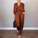 Damen Kleidung V-neck Belted Solid Color Loose Short-sleeved Top Wide-leg Trousers 2-piece Set Womens Elegant Evening Dress Suit - flohmarkt-deutschland.shop