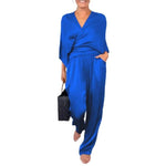 Damen Kleidung V-neck Belted Solid Color Loose Short-sleeved Top Wide-leg Trousers 2-piece Set Womens Elegant Evening Dress Suit - flohmarkt-deutschland.shop