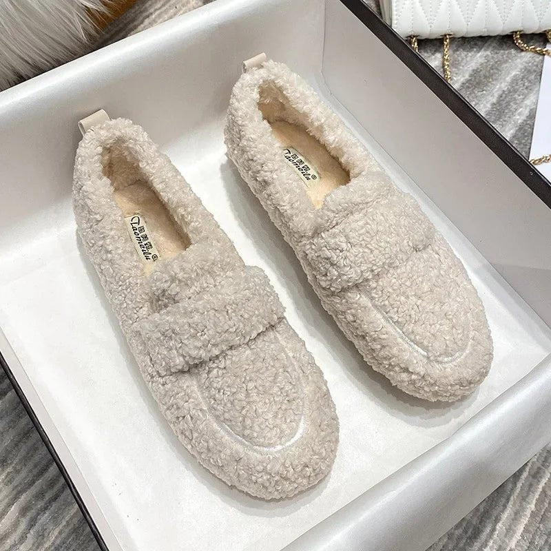 Damen Lammwolle Mokassins – warme Plüsch-Loafer & Schnee-Boots für den Winter - flohmarkt-deutschland.shop