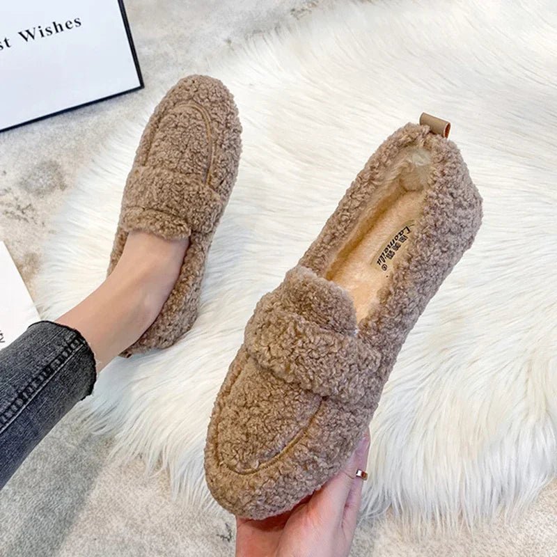 Damen Lammwolle Mokassins – warme Plüsch-Loafer & Schnee-Boots für den Winter - flohmarkt-deutschland.shop