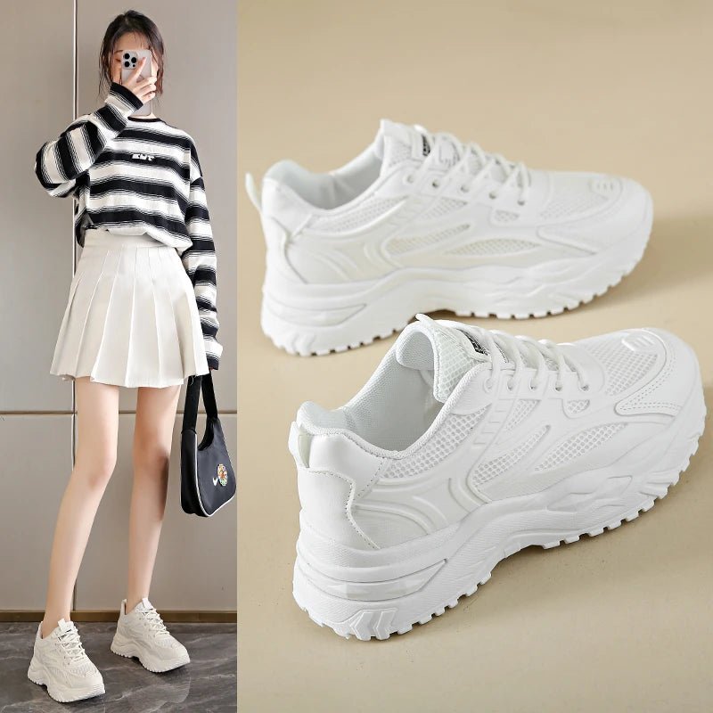 Damen Leder-Chunky-Sneaker 2024 – weiße Plateau-Turnschuhe mit dicker Sohle - flohmarkt-deutschland.shop