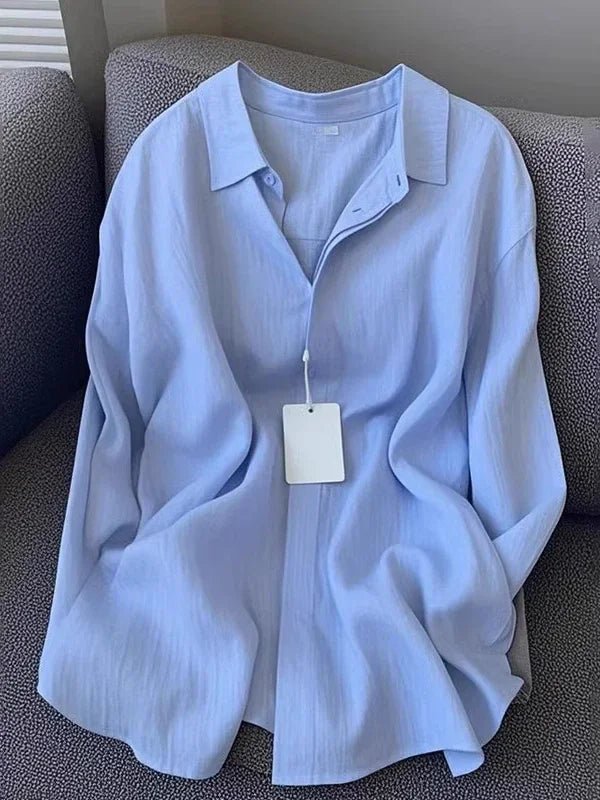 Damen-Leinenhemd, lässig, locker, langärmelig, dünn, Sommer-Top, einfarbig, Umlegekragen, französischer Stil, Sonnenschutzkleidung - flohmarkt-deutschland.shop