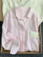 Damen-Leinenhemd, lässig, locker, langärmelig, dünn, Sommer-Top, einfarbig, Umlegekragen, französischer Stil, Sonnenschutzkleidung - flohmarkt-deutschland.shop