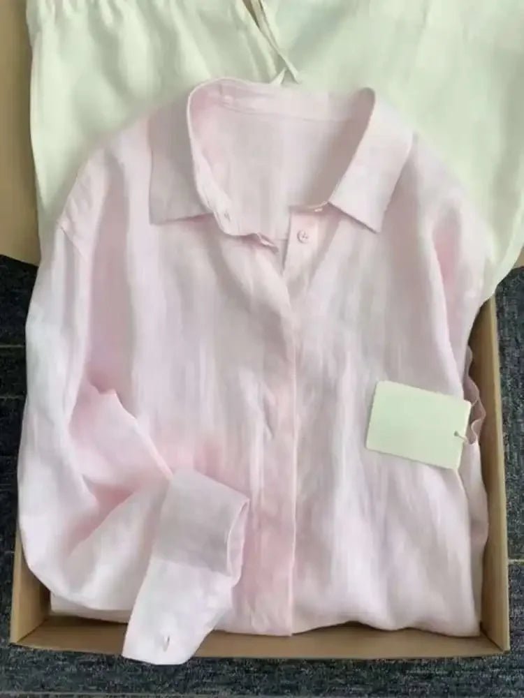 Damen-Leinenhemd, lässig, locker, langärmelig, dünn, Sommer-Top, einfarbig, Umlegekragen, französischer Stil, Sonnenschutzkleidung - flohmarkt-deutschland.shop