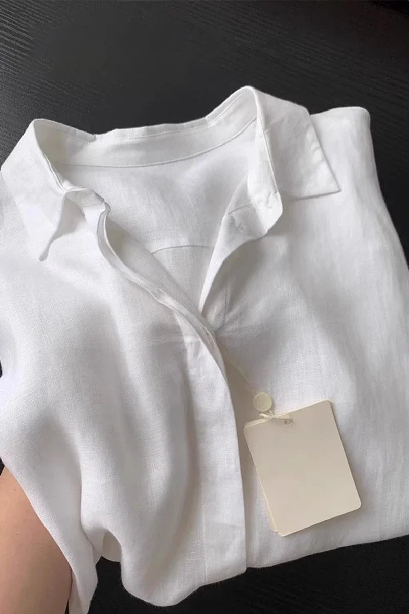 Damen-Leinenhemd, lässig, locker, langärmelig, dünn, Sommer-Top, einfarbig, Umlegekragen, französischer Stil, Sonnenschutzkleidung - flohmarkt-deutschland.shop