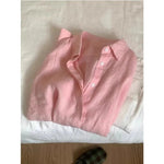 Damen-Leinenhemd, lässig, locker, langärmelig, dünn, Sommer-Top, einfarbig, Umlegekragen, französischer Stil, Sonnenschutzkleidung - flohmarkt-deutschland.shop