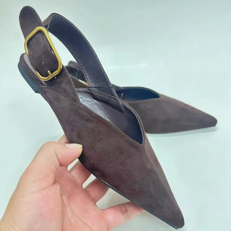Damen Slingback Flats – spitze Zehenpartie, Kunstwildleder, Retro-Römerschuh - flohmarkt-deutschland.shop