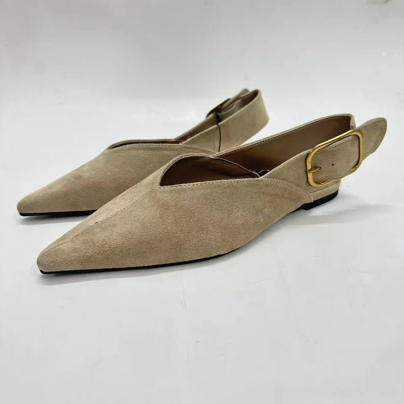 Damen Slingback Flats – spitze Zehenpartie, Kunstwildleder, Retro-Römerschuh - flohmarkt-deutschland.shop
