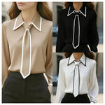 Damenbluse, modisches Hemd, formelle Fliege, langärmelig, kontrastierender Besatz, Oberteile, schmal geschnittene Arbeitskleidung, elegante Büro-Damenhemden für Damen - flohmarkt-deutschland.shop