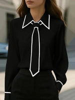 Damenbluse, modisches Hemd, formelle Fliege, langärmelig, kontrastierender Besatz, Oberteile, schmal geschnittene Arbeitskleidung, elegante Büro-Damenhemden für Damen - flohmarkt-deutschland.shop