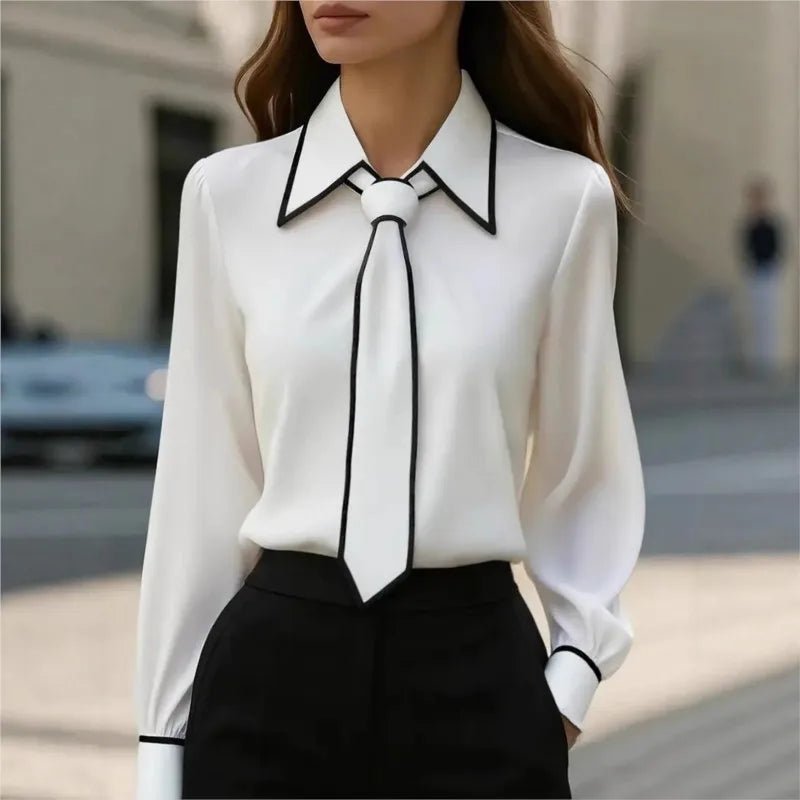 Damenbluse, modisches Hemd, formelle Fliege, langärmelig, kontrastierender Besatz, Oberteile, schmal geschnittene Arbeitskleidung, elegante Büro-Damenhemden für Damen - flohmarkt-deutschland.shop