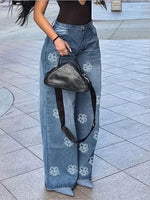 Damenjeans 2025, Frühling und Herbst, neue Mode, Blumendruck, hohe Taille, Taschendesign, lockere Jeans, gerades Bein, lässige Hosen - flohmarkt-deutschland.shop