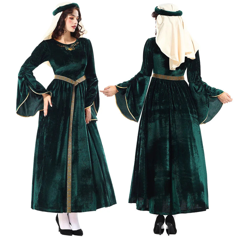 [You're My Secret] Women Medieval Costume Halloween Court Ball Flared Sleeve Princess Dress Cosplay Stage Performance Costume