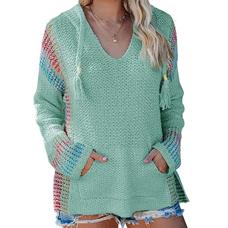 Women's Color-Block Knit Hoodie Sweater (Long Sleeve)