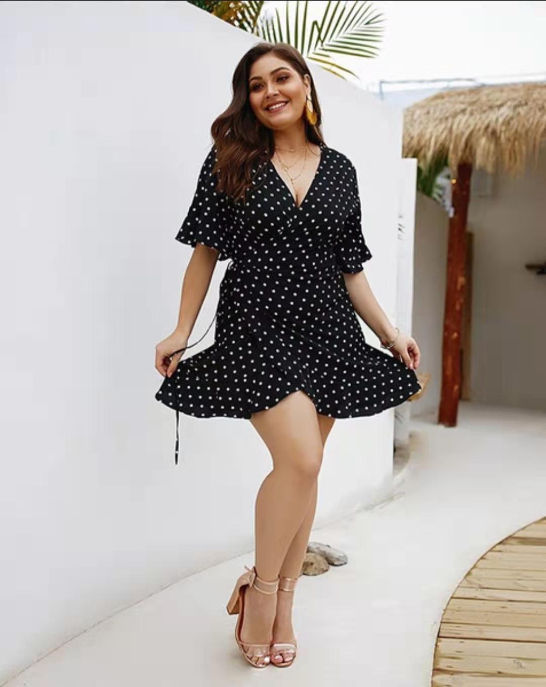 Plus Size XL-4XL Women's Summer V-Neck Polka Dot Dress
