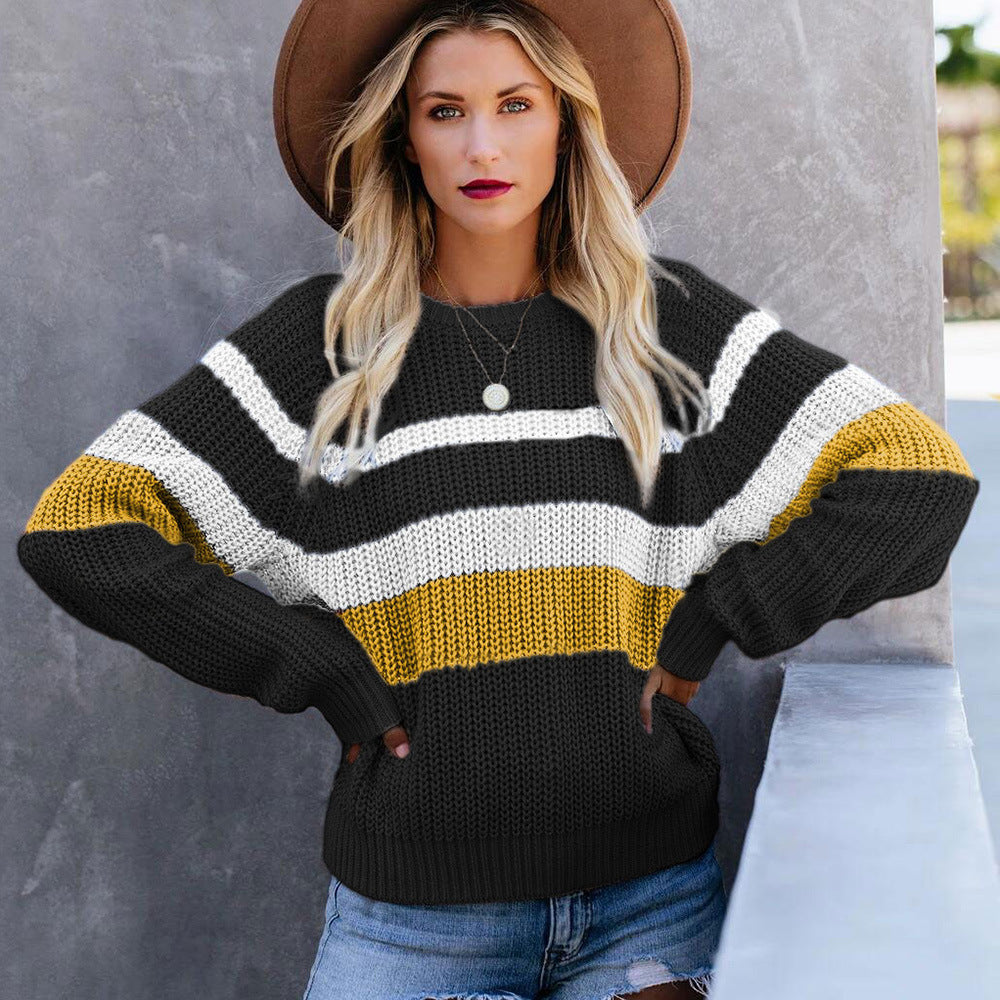 Casual Loose Color-Block Knit Sweater with Long Sleeves