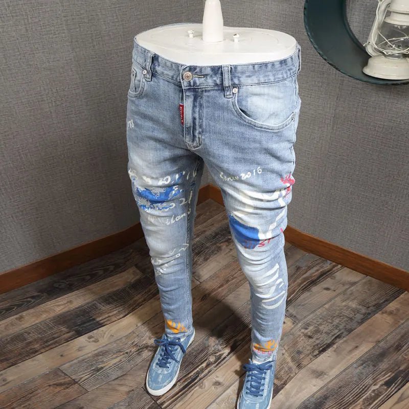 Designer-Mode,Herren-Jeans, mit Buchstaben bedruckt, gewaschen, nostalgisch, Stretch, schmale Passform, Retro, hellblaue Jeans, Hip-Hop-Marke, hohe Qualität - flohmarkt-deutschland.shop