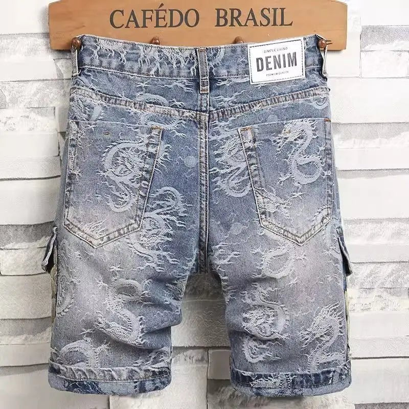 Drachen Denim Shorts Herren – Y2K Jeans, bestickt, Sommer 2025 - flohmarkt-deutschland.shop