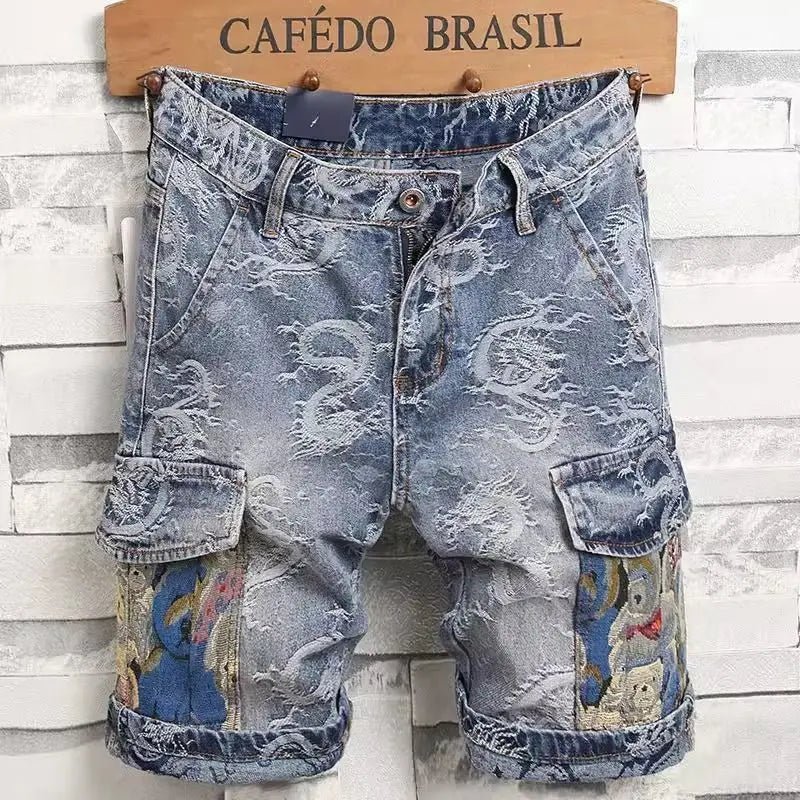Drachen Denim Shorts Herren – Y2K Jeans, bestickt, Sommer 2025 - flohmarkt-deutschland.shop