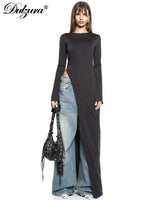 Dulzura Long Sleeves Side High Slit Maxi Dress Solid Sexy Long Dress Women’S Party Club Streetwear Autumn Winter Outfit - flohmarkt-deutschland.shop