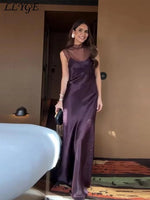 Durchsichtiges Mesh-Satin-Patchwork-langes Kleid für Damen, halbhoher Kragen, ärmellos, rückenfrei, Kleider 2026, Frühlingsdame, Party-Roben 2023 - flohmarkt-deutschland.shop