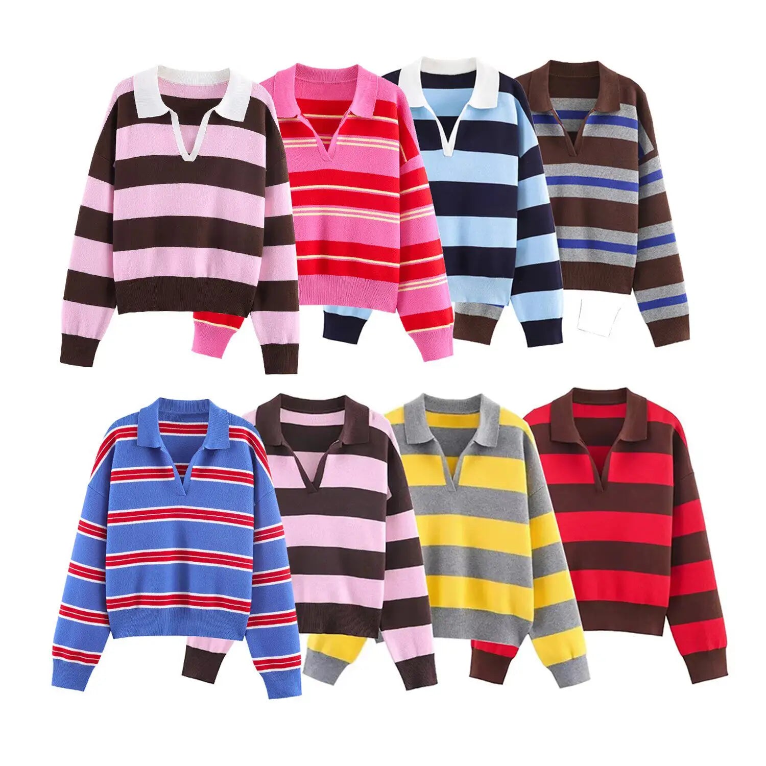 2026 Autumn New Women's Loose Long Sleeve Sweater Solid Color & Bold Stripe Lapel Top Street Fashion Long Sleeve Pullover