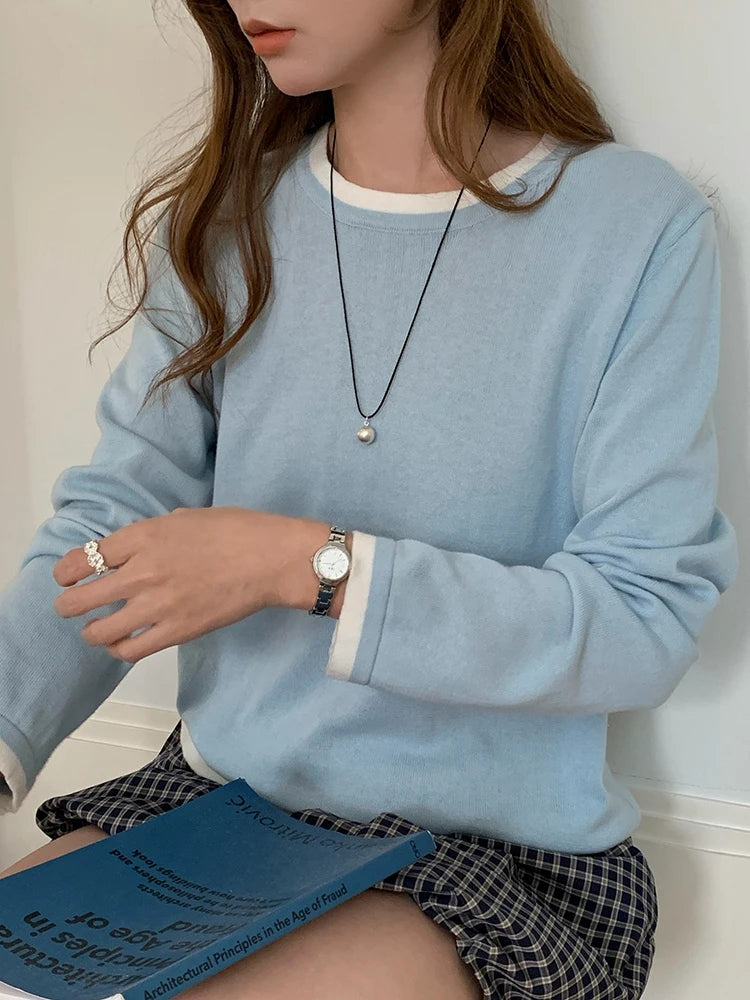 100% Cotton Women O-neck Color blocking long sleeved shirt plus size clearance sale luxury brands high quality