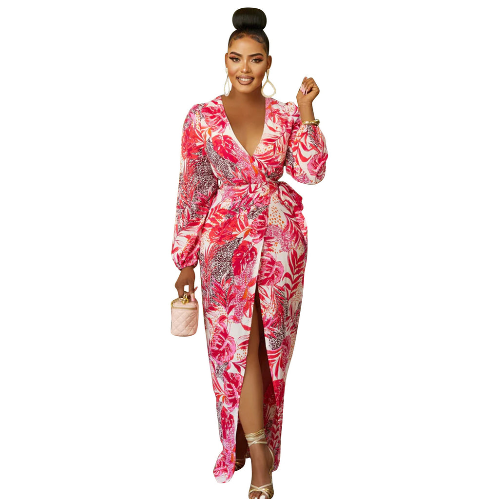 Women's V-neck Printed Long Sleeve Tie Dress