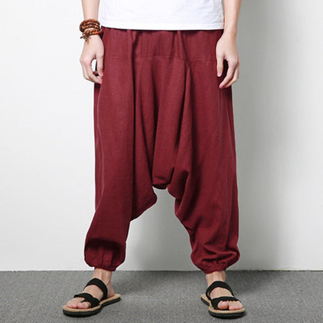 Men's Cotton Linen Loose Casual Harem Pants (Large)