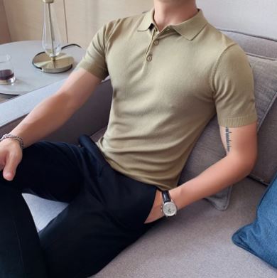 Men's Ice Silk Slim-Fit Polo Lapel Knitted Solid Color Summer T-shirt