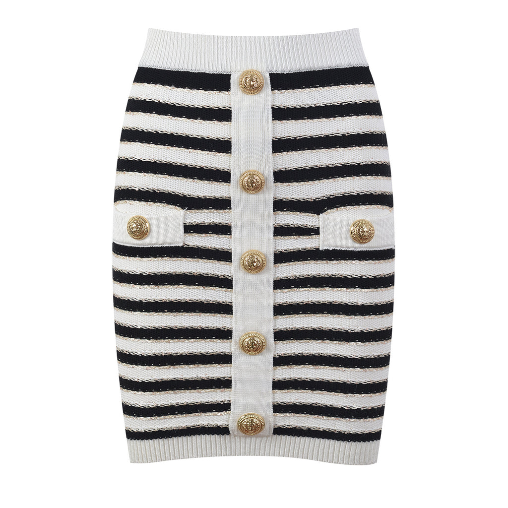French Style Women's Color-Block Knitted Top & Skirt Set