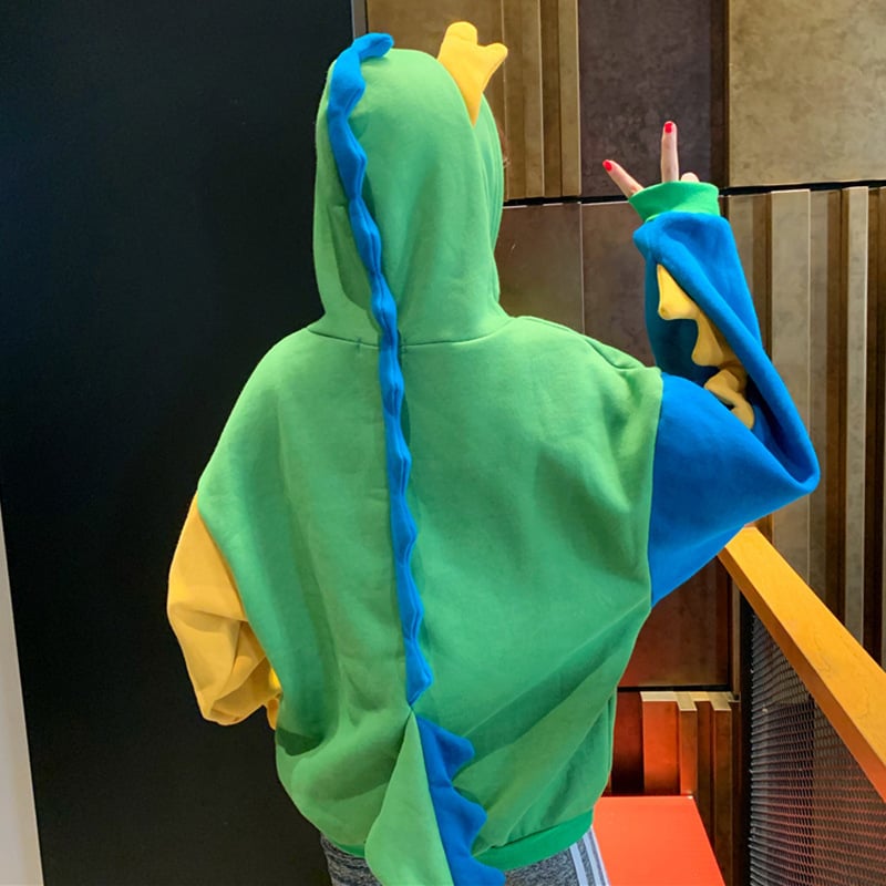 Cute Irregular Color Block Dinosaur Hoodie Sweater