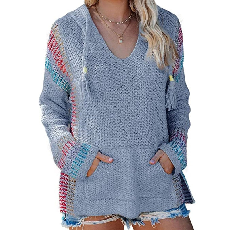 Women's Color-Block Knit Hoodie Sweater (Long Sleeve)