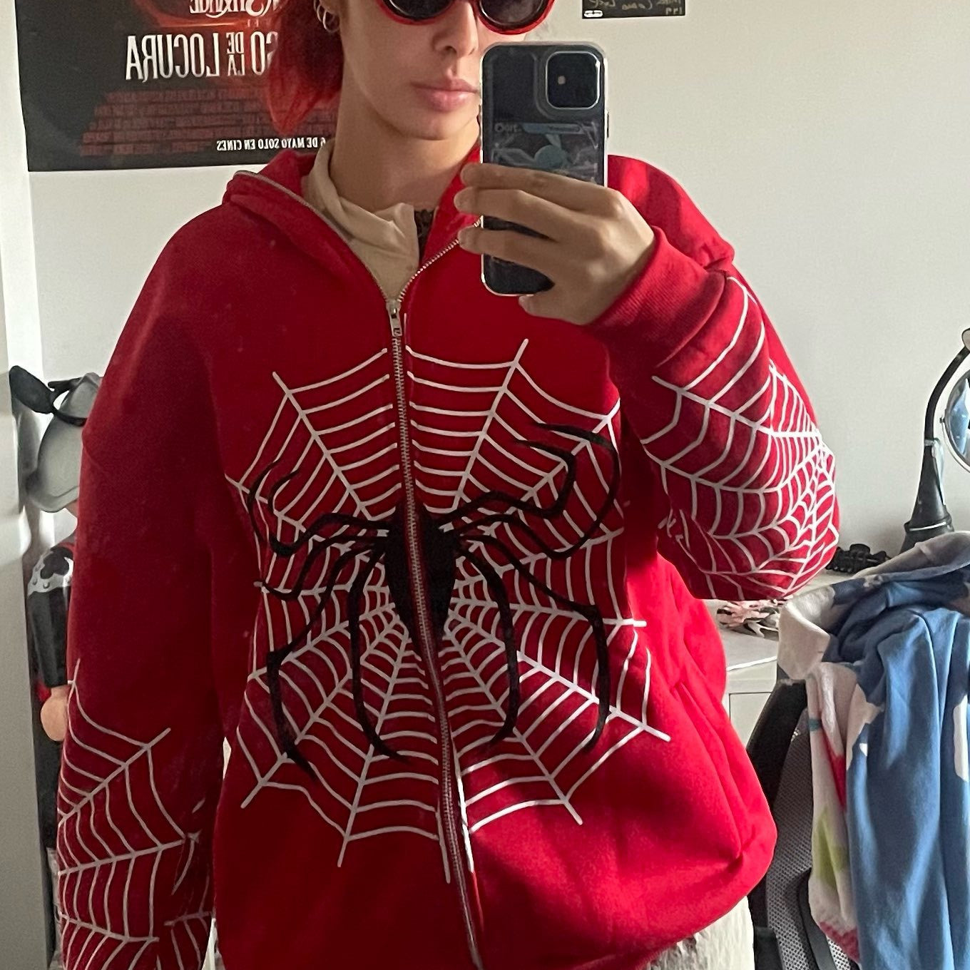 Spider Web Printed Full Zip Hoodie for Fall & Winter