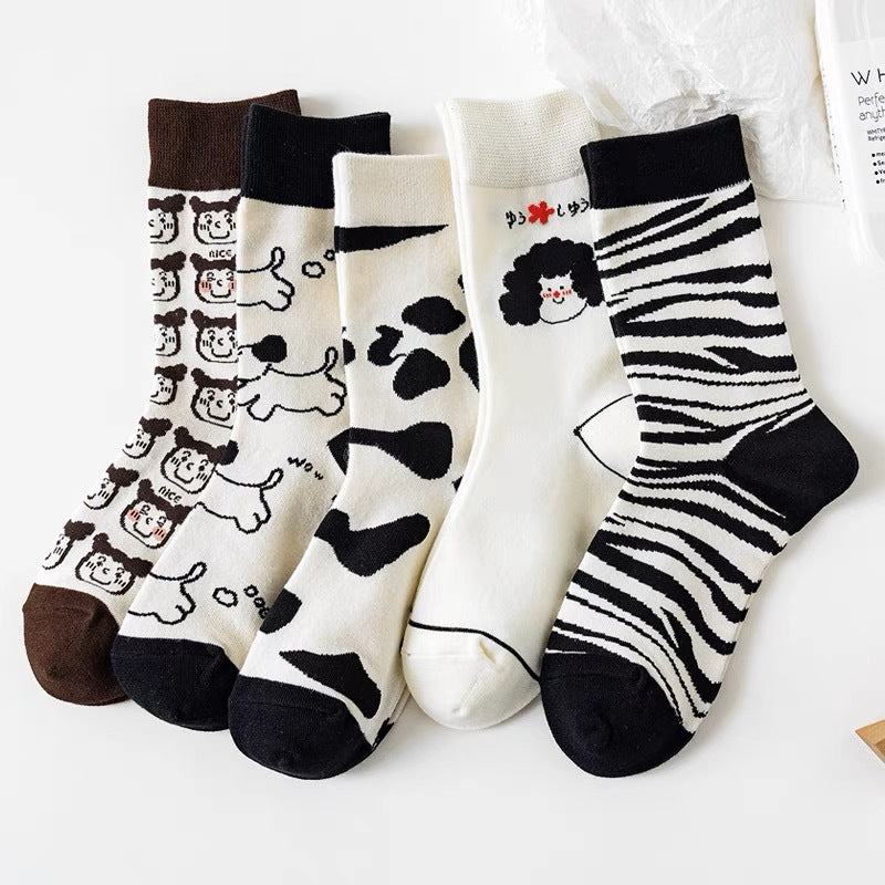 Cute Cartoon Mid-Calf Socks for Women - Zebra & Puppy