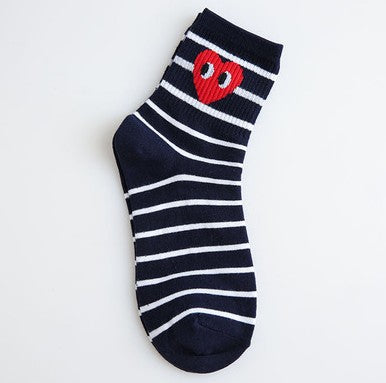 Cute Heart Print Mid-Calf Socks - Cartoon Striped Design