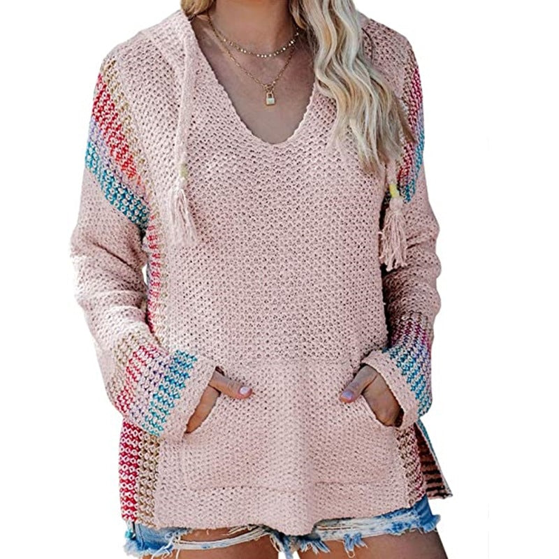 Women's Color-Block Knit Hoodie Sweater (Long Sleeve)